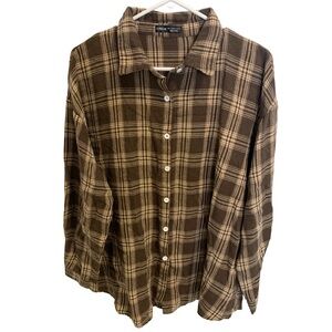 💛 Shein Brown & Tan Plaid Flannel Shirt - Size L (US 8/10)